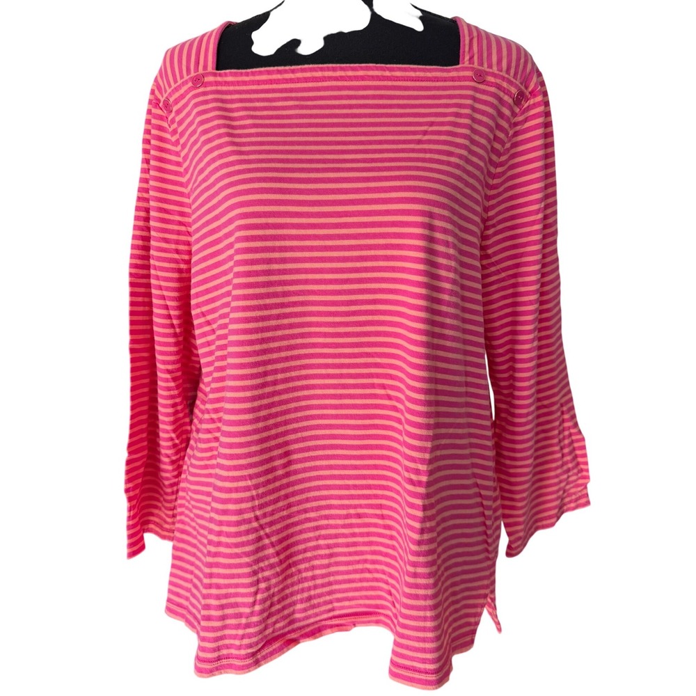 Talbots Pink Orange Striped Cotton Square Neck Button Shoulder Top Womens XL